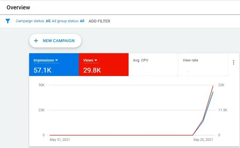 Google Ads overview showing YouTube impressions and views growth